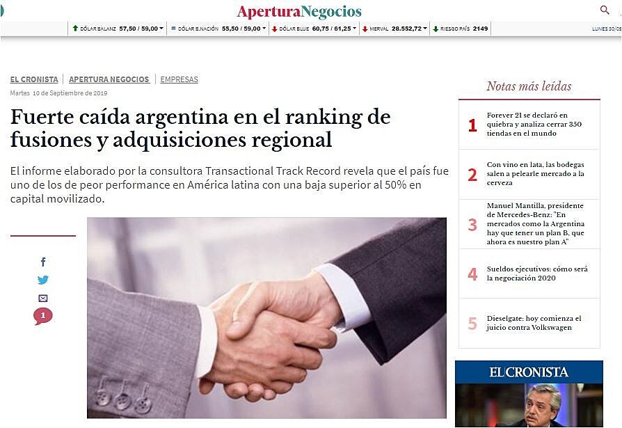 Fuerte cada argentina en el ranking de fusiones y adquisiciones